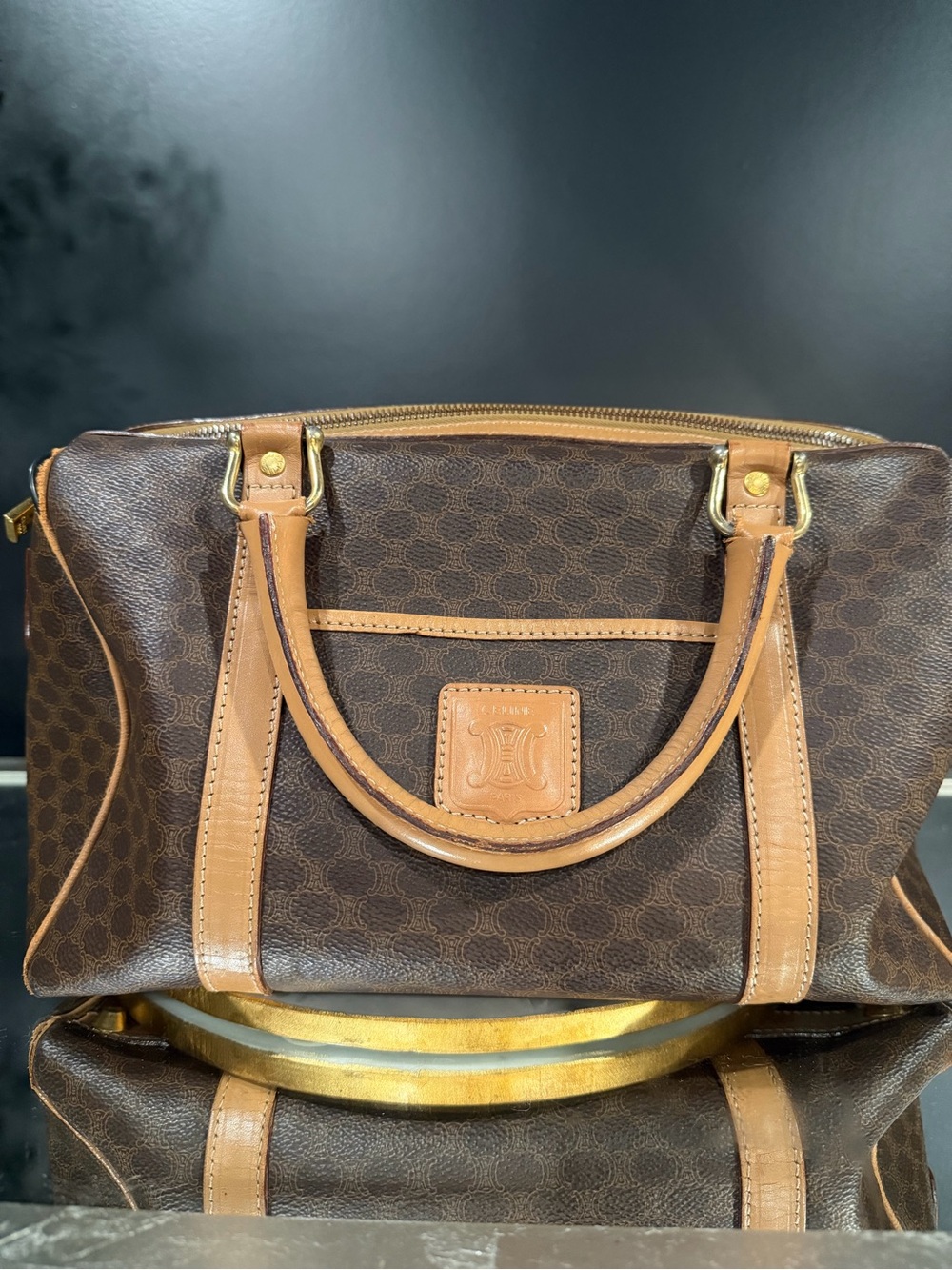 Celine Brown and Tan Coated Canvas Travel Satchel